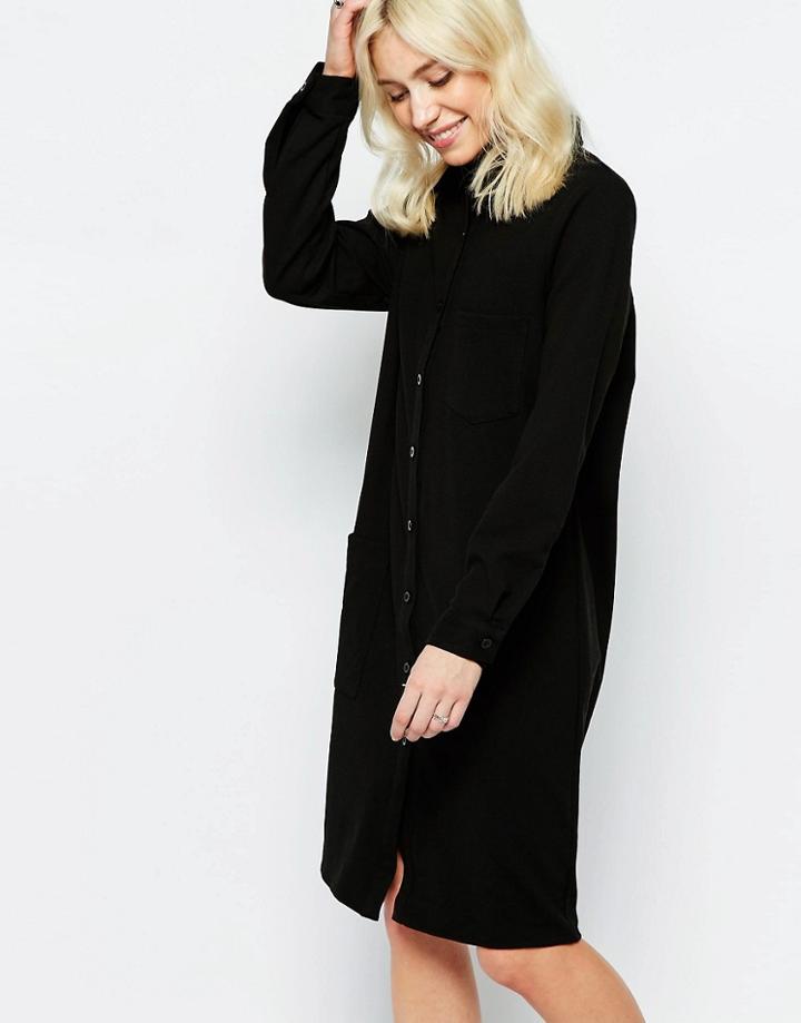 Neon Rose Drill Midi Shirt Dress - Black