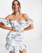 Asos Design Puff Sleeve Bardot Top With Corset Detail In Floral Print - Part Of A Set-multi