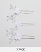 Asos Design Bridal Pack Of 3 Floral Crystal Bead Hair Clips - Silver