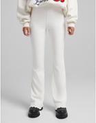 Bershka Knitted Flare Pants Set With Lettuce Hem Detail In Ecru-black