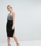 Asos Petite Scattered Embellished One Shoulder Scuba Midi Pencil Dress - Multi