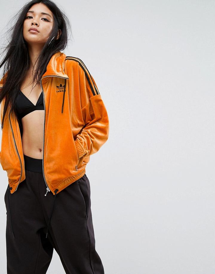 Adidas Originals Velvet High Neck Three Stripe Tracksuit Jacket - Orange