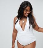 Asos Design Curve Ruched Waist Plunge Swimsuit In White - White
