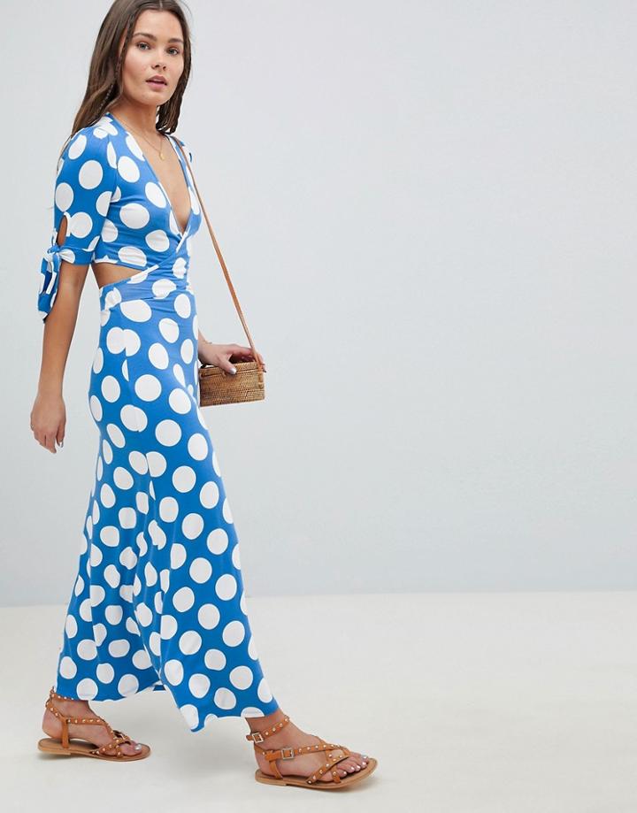 Asos Design Wrap Front Tea Dress With Bow Sleeve In Polka Dot - Multi