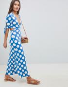 Asos Design Wrap Front Tea Dress With Bow Sleeve In Polka Dot - Multi
