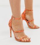 London Rebel Wide Fit Pointed Strappy Stiletto Heeled Sandals In Orange Snake
