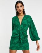 Asos Design Plunge Tie Front Mini Dress In Floral Jacquard In Green