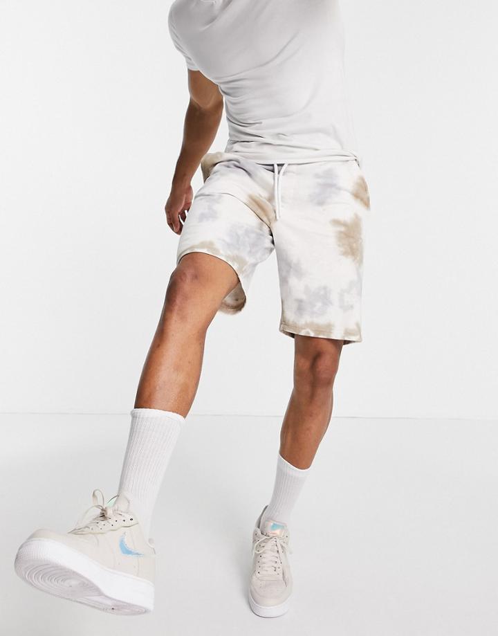 Only & Sons Jersey Shorts In White And Beige Tie-dye With Organic Cotton