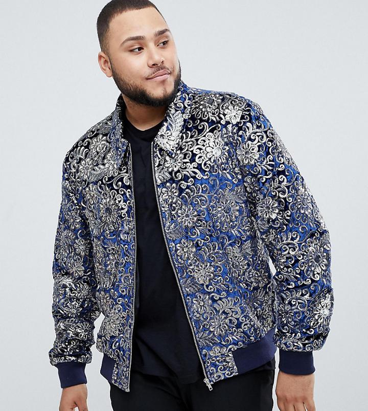Asos Edition Plus Bomber Jacket With Sequin Jacquard In Navy - Navy