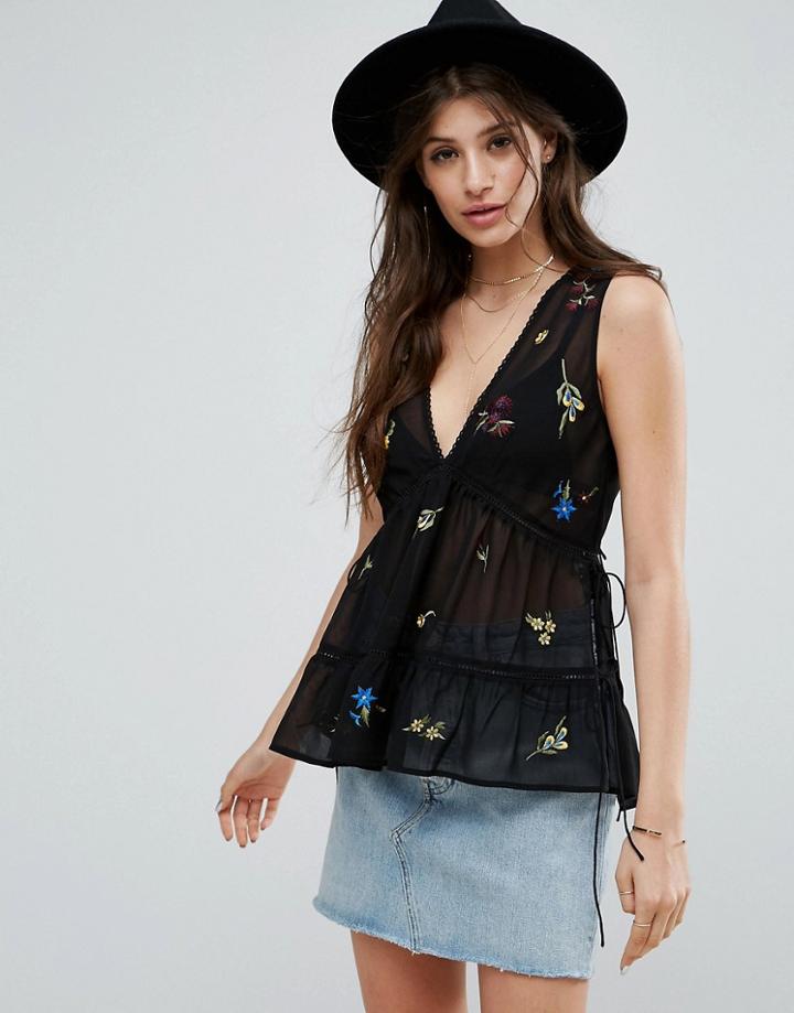 Asos Sleeveless Embroidered Top With Lace Up Back - Black