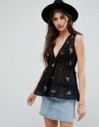 Asos Sleeveless Embroidered Top With Lace Up Back - Black