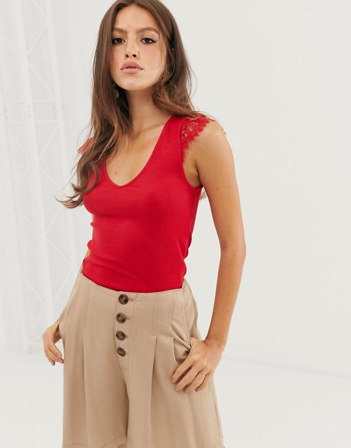 Stradivarius Lace Shoulder Top In Red - Red