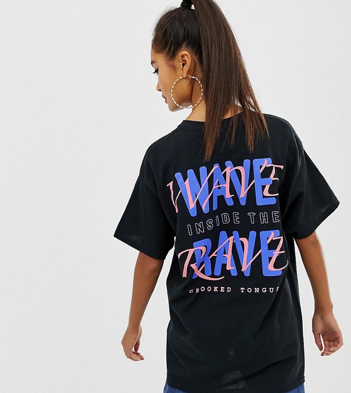 Crooked Tongues Oversized T-shirt With Wave Rave Back Print - Black