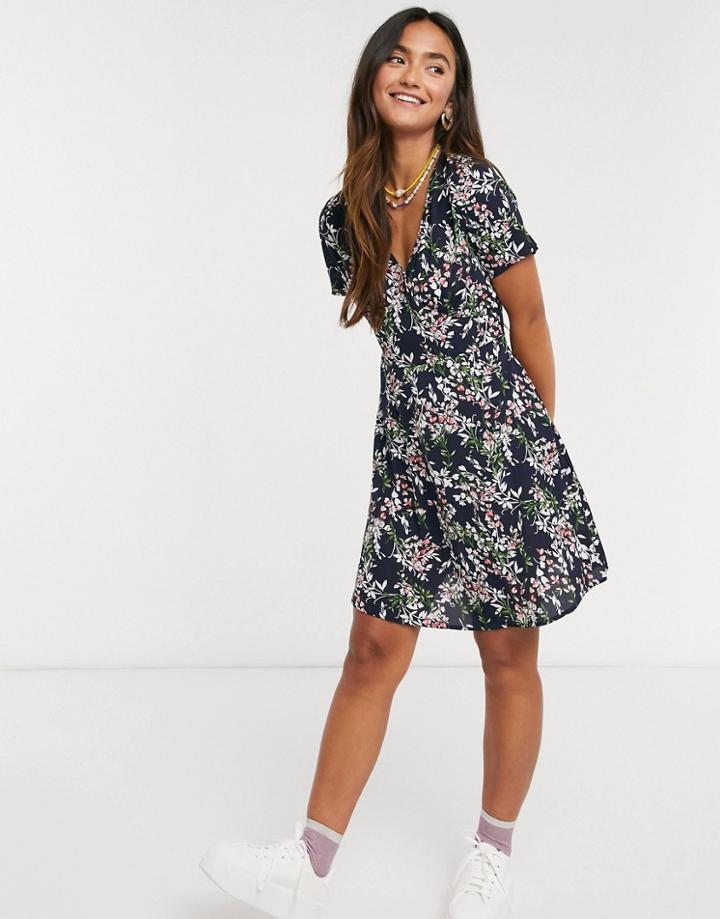 Qed London Floral Print Mini Dress-navy