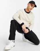 Asos Design Long Sleeve Waffle T-shirt In Beige With Black Contrast Trims-neutral