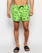 Asos Short Length Swim Shorts In Neon Green With Shapes Print - Green