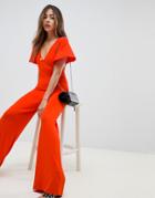 Asos Design Jumpsuit With Flutter Sleeve And Tie Back - Orange