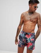 Asos Design Swim Shorts With Check & Floral Print In Short Length - Black