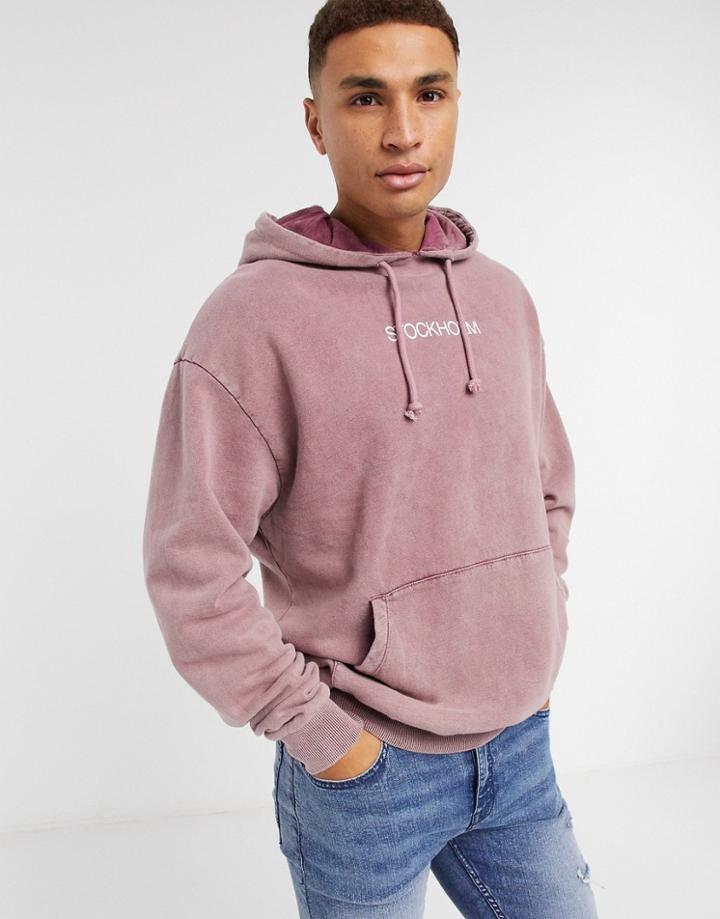 Asos Design Oversized Hoodie In Red Acid Wash And City Chest Print