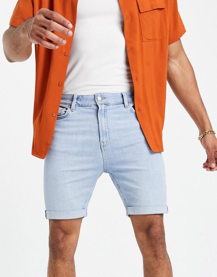 Bershka Super Skinny Denim Shorts In Light Blue-blues