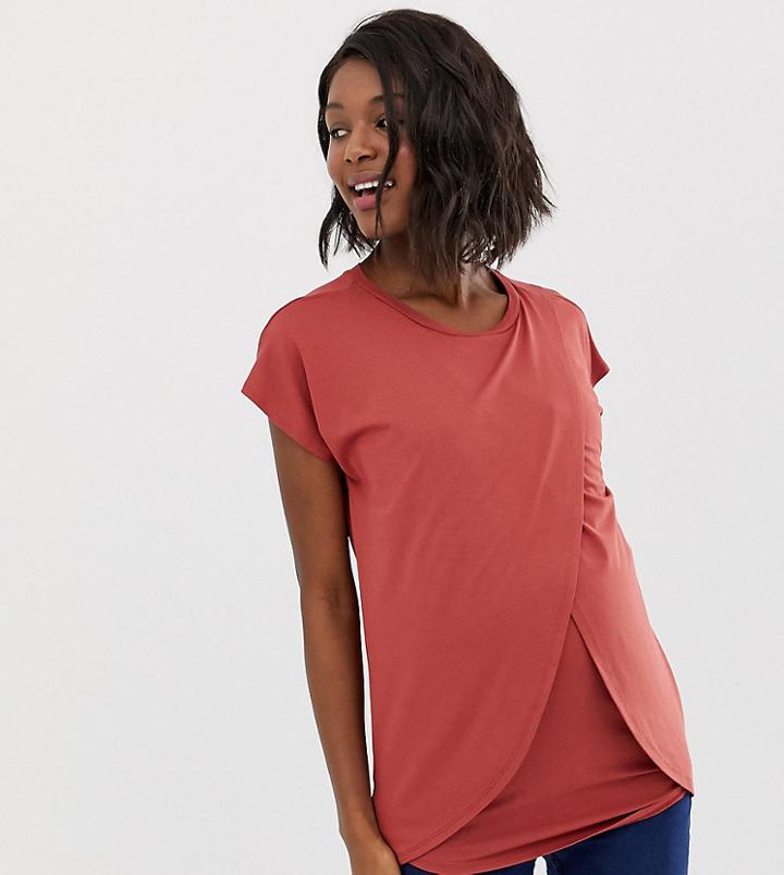 Asos Design Maternity Nursing T-shirt With Wrap Overlay-brown