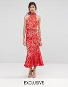 Jarlo High Neck Midi Dress In Lace - Red