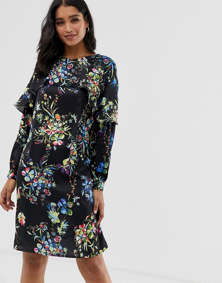 Liquorish Floral Mini Shift Dress With Frill Detail-black