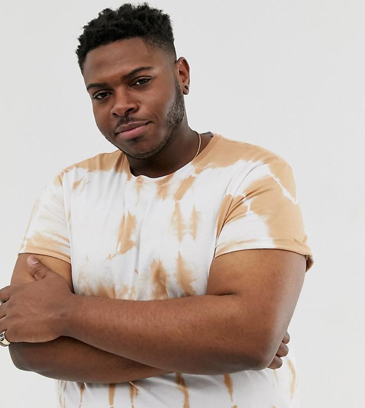 Asos Design Plus T-shirt With Roll Sleeve In Beige Tie Dye Wash