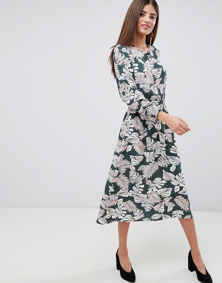 Ax Paris Palm Print Midi Dress With Ruched Waist - Green