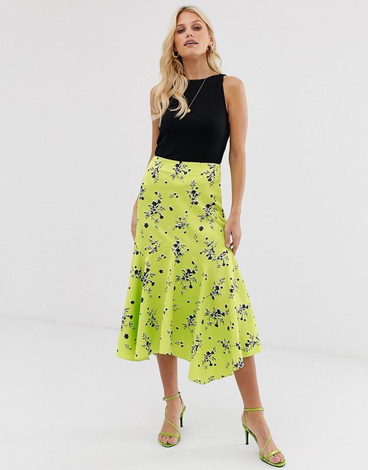 Asos Design Satin Midi Skirt With Drop Waist And Floaty Hem In Lime Floral-multi