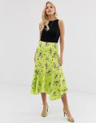 Asos Design Satin Midi Skirt With Drop Waist And Floaty Hem In Lime Floral-multi