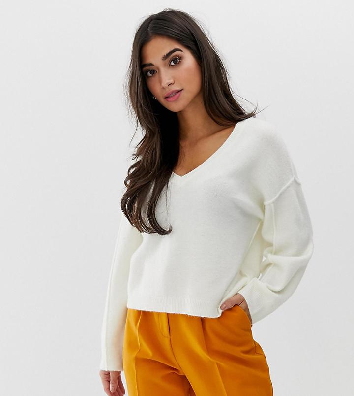 Asos Design Petite Fluffy Sweater With V Neck - Cream