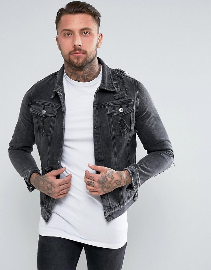 Liquor & Poker Denim Jacket Washed Black Ripped - Black