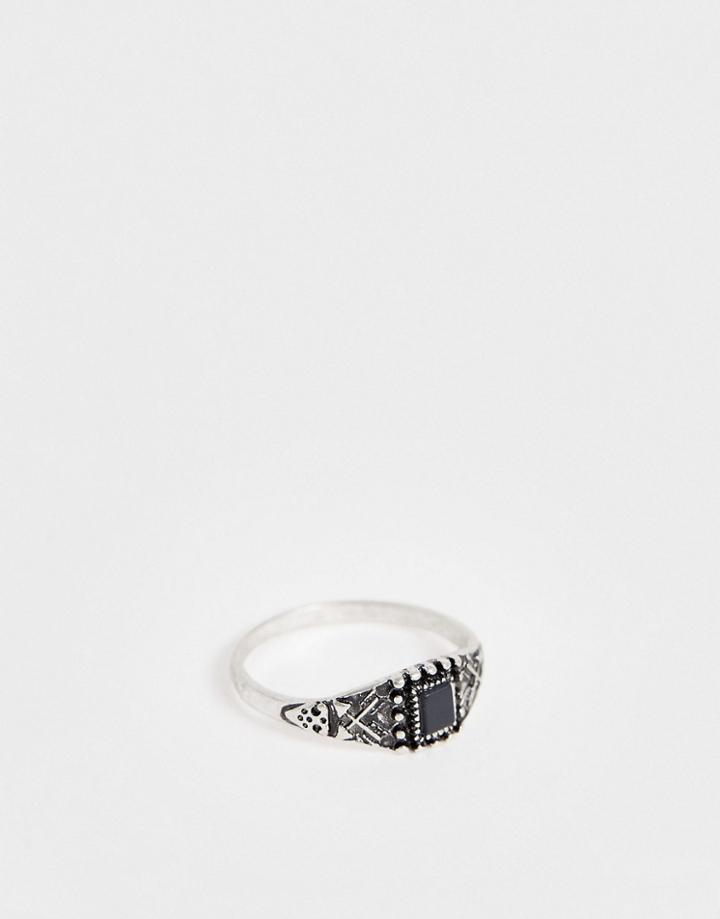 Asos Design Vintage Ring With Stone Detail In Burnished Silver Tone - Silver