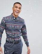 Asos Holidays Stretch Slim Shirt With Festive Repeat Print - Navy