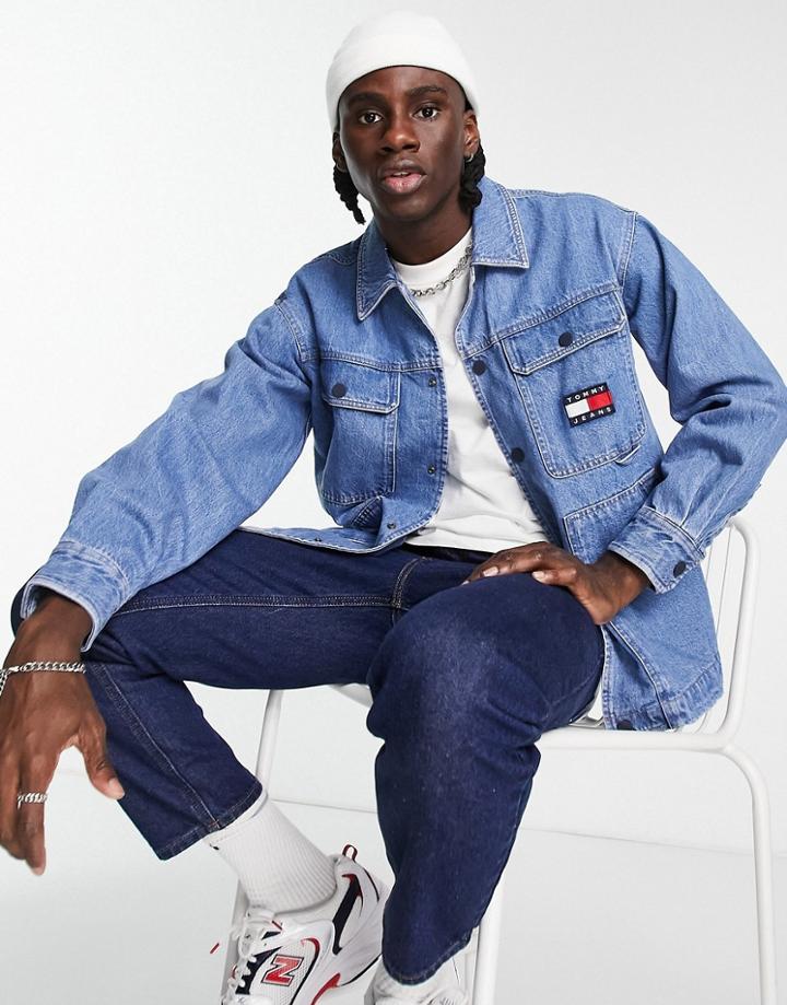 Tommy Jeans Badge Logo Denim Overshirt Jacket In Mid Wash-blue