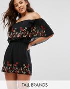 Parisian Tall Off Shoulder Romper With Embroidered Frill - Black