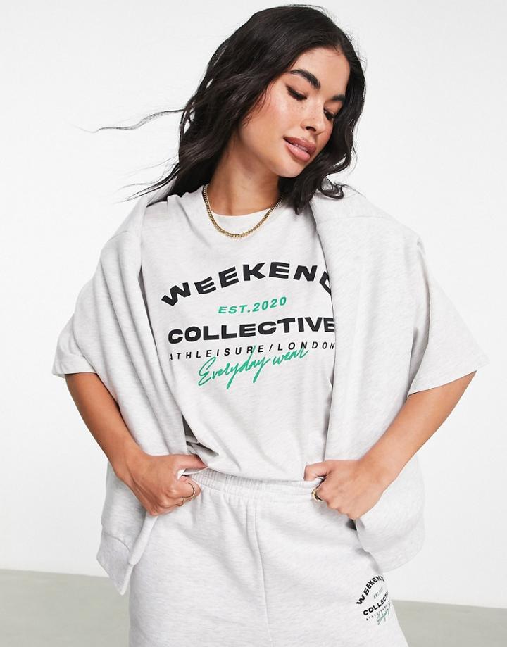 Asos Weekend Collective Oversized T-shirt With Athleisure Logo In Ice Heather-gray