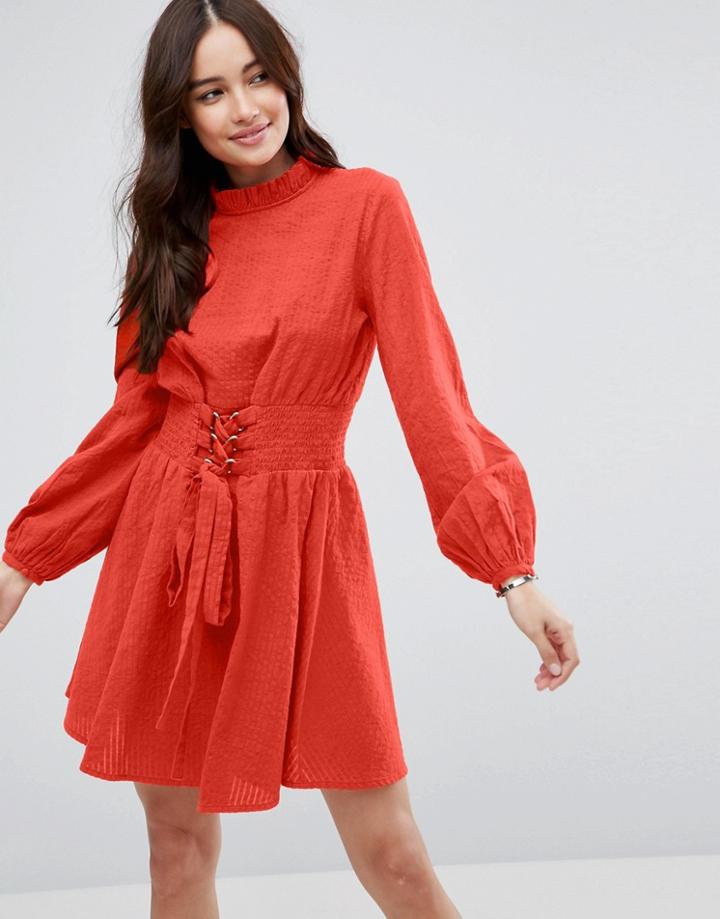 Asos Mini Dress In Grid Texture With Shirred Waist - Black