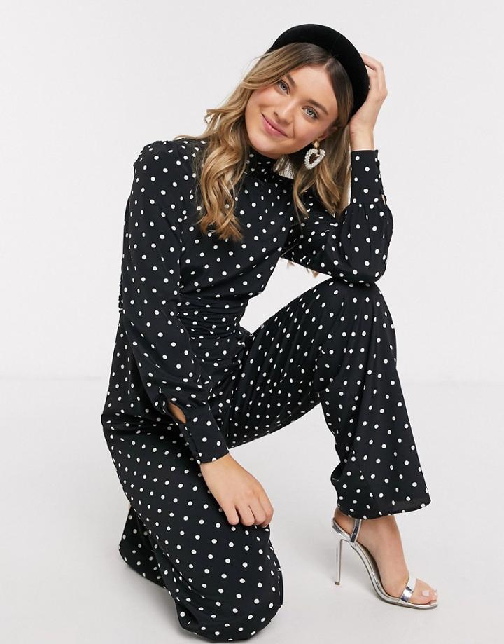 Asos Design High Neck Ruched Waist Tea Jumpsuit In Polka Dot-multi