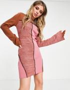 Asos Design Knit Patchwork Mini Dress With Seam Detail-brown