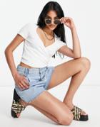 Asos Design Wrap Top With Cap Sleeve In Rib In White