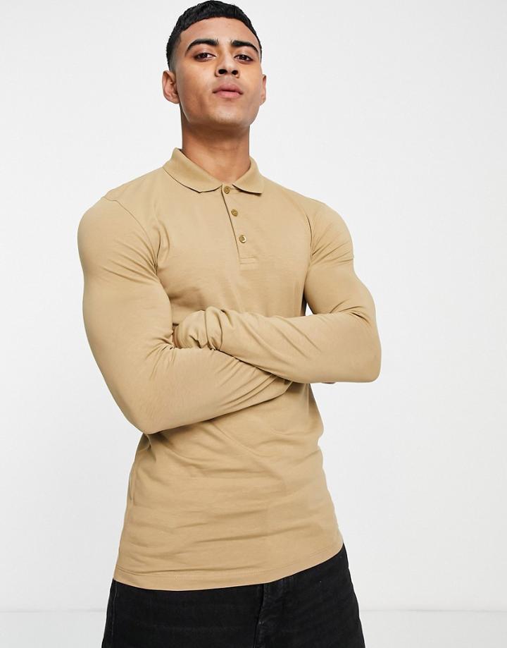 Asos Design Long Sleeve Muscle Fit Jersey Polo In Khaki-green