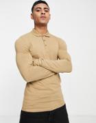 Asos Design Long Sleeve Muscle Fit Jersey Polo In Khaki-green