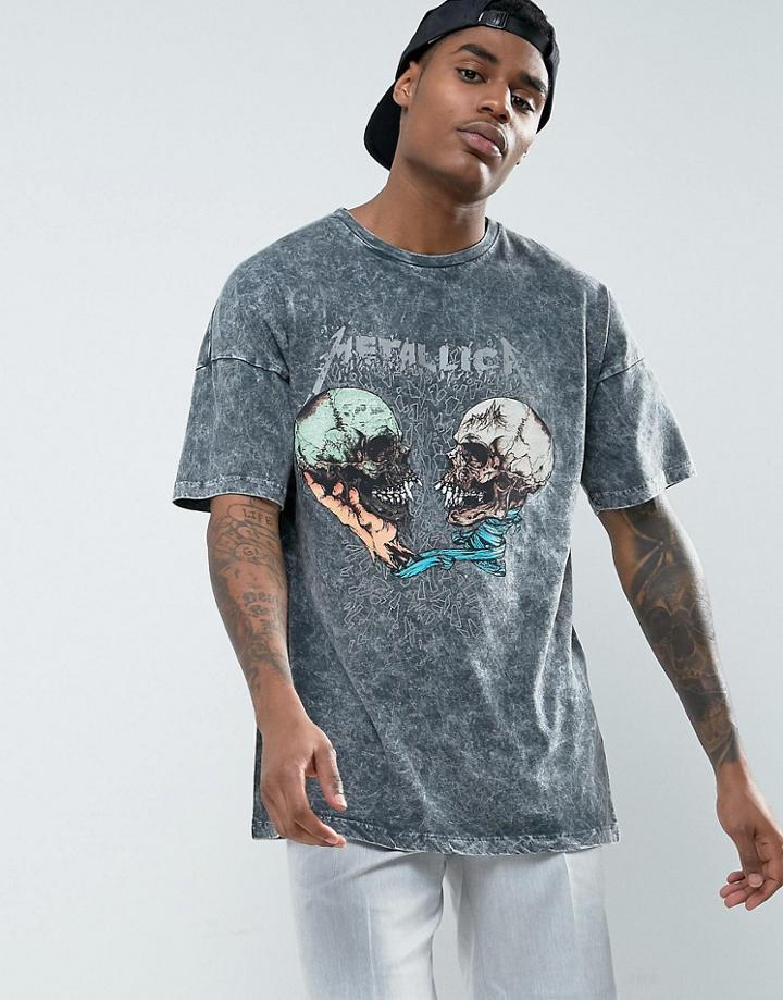 Asos Metallica Oversized Band T-shirt With Acid Wash - Black