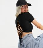 Missguided Petite Slinky Crop Top With Lace Up Back In Black