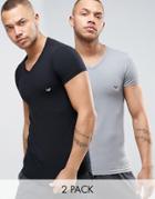 Emporio Armani 2 Pack Stretch Cotton V-neck T-shirt In Fitted Fit - Multi