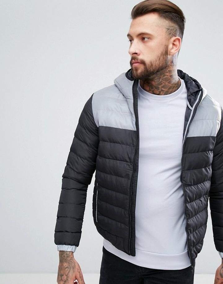 Brave Soul Nylon Hooded Reflective Hooded Padded Jacket - Black