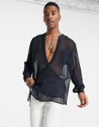 Asos Design Sheer Crepe Wrap Shirt In Navy
