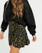 Asos Design Mini Skirt With Ruched Detail In Mustard And Black Print-multi